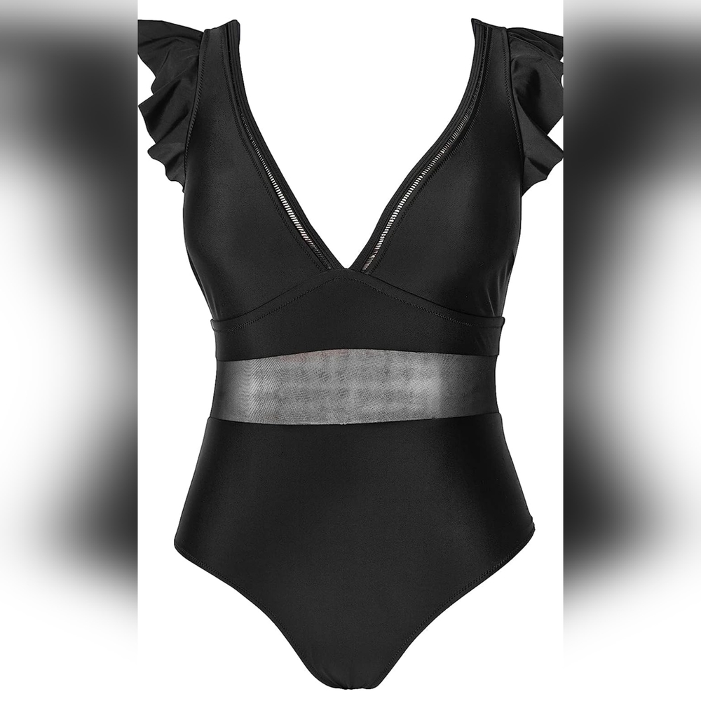 CUPSHE Women's One Piece V-Neck Ruffle Mesh Swimsuit (XXL)